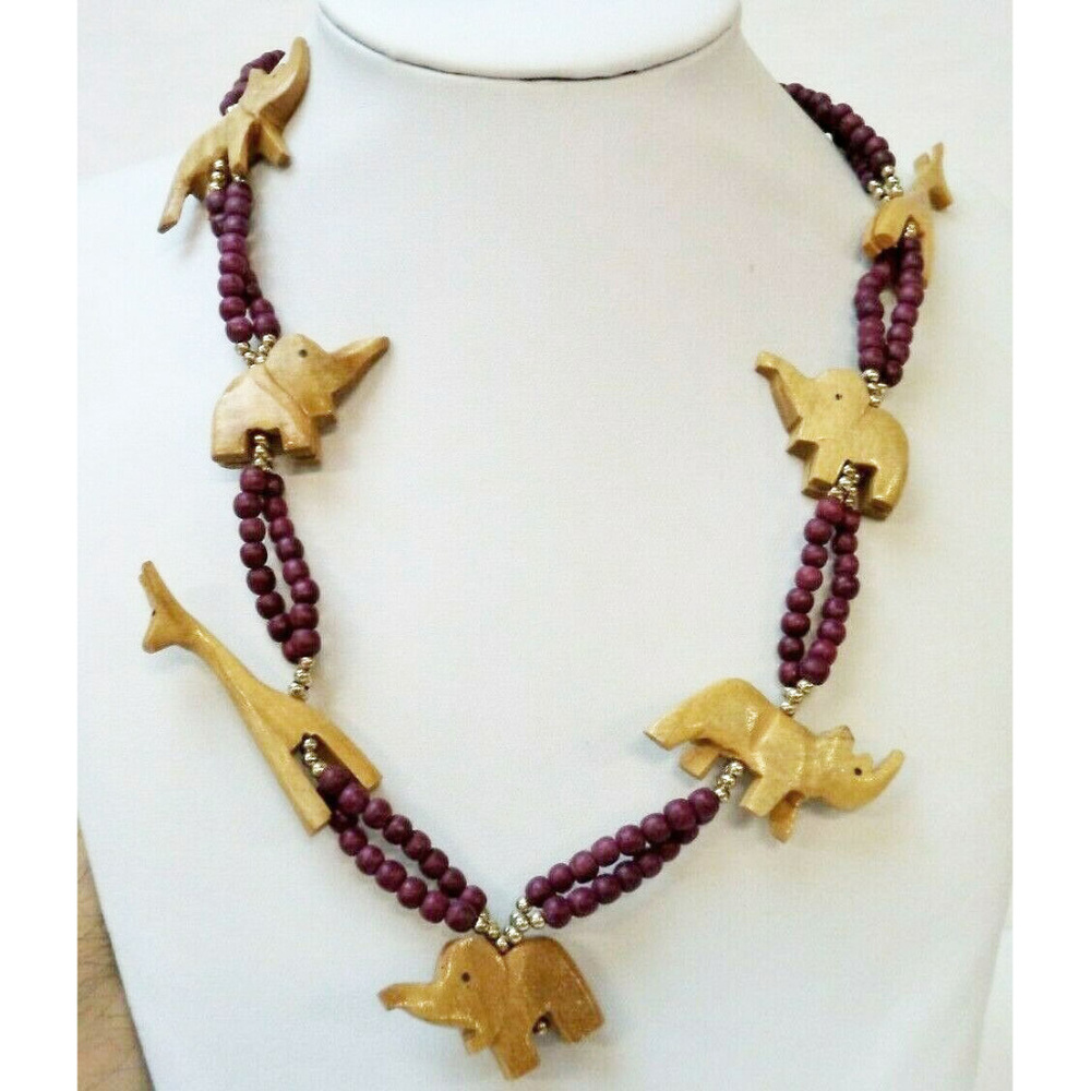 vintage carved wood animal necklace elephant